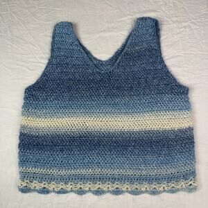 Handmade Crochet Tank Top Blue Stripe Knit Boho Sleeveless Cottagecore